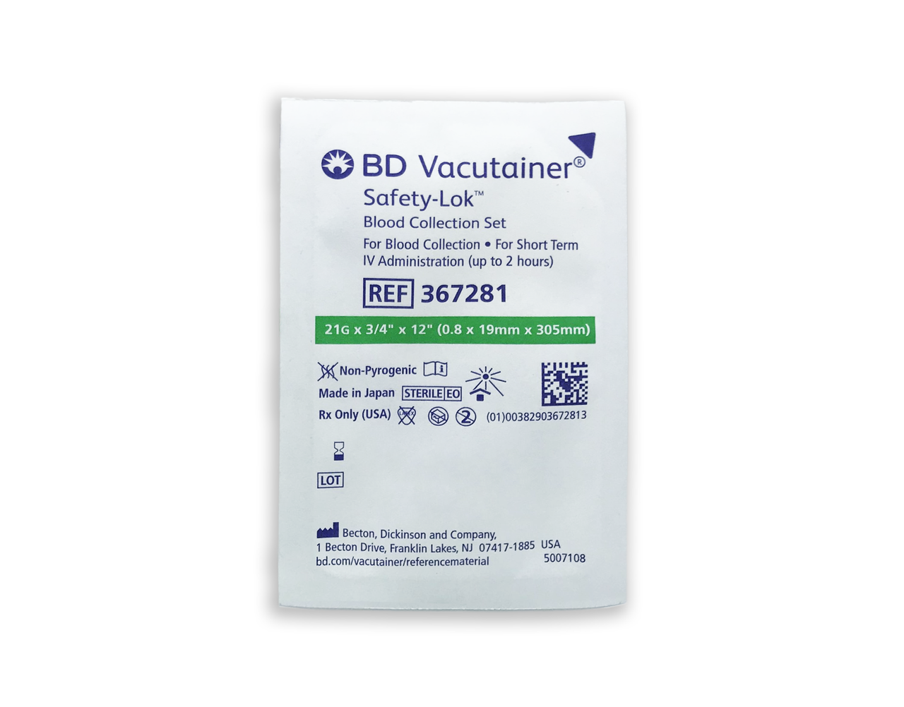 BD Vacutainer Safety-Lok 367281 Blood Collection Set - 21 G, 3/4'' Needle Length, Safety Needle, 12 Inch Tubing, Sterile - 50 Sets