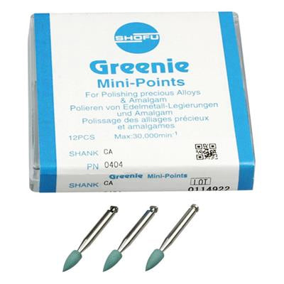 Shofu Greenie (Polish) CA Mini-Point - Finishing and Polishing for Amalgam, Gold, and Cast Alloys - 12/Pk
