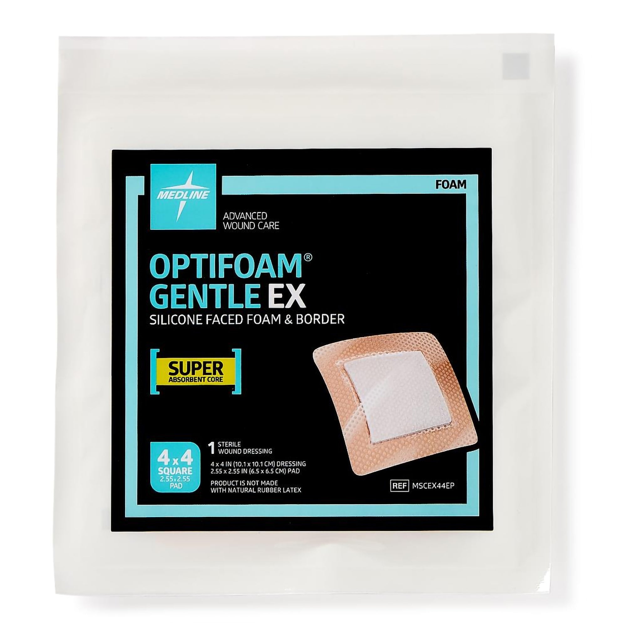 Medline Optifoam® Gentle EX Foam Dressing with Border - 4 x 4 Inch, Silicone Face and Border, Sterile