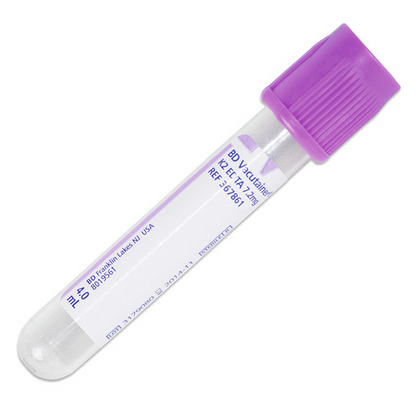 Test tube with purple cap on a white background