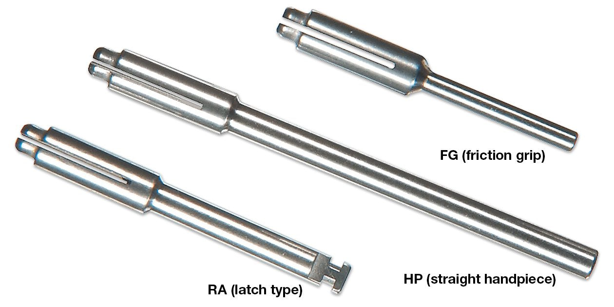 Three metal handpieces labelled FG, RA, and HP on a white background