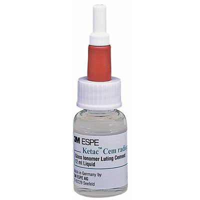 A bottle of 3M ESPE Ketac-Cem Liquid Glass Ionomer Luting Cement with a red cap and a label that includes the product name and brand.