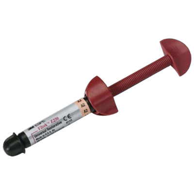 A red and white syringe with a black tip, labeled with 'Filtek Z250' and '4g' in a clear barcode format.