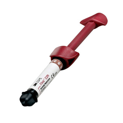 Red dental tool with a white label on a white background