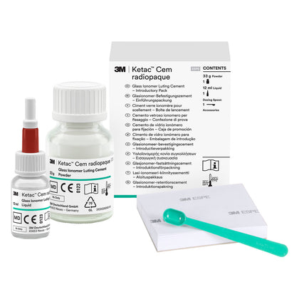 Dental cement kit with bottles, powder, and packaging on a white background