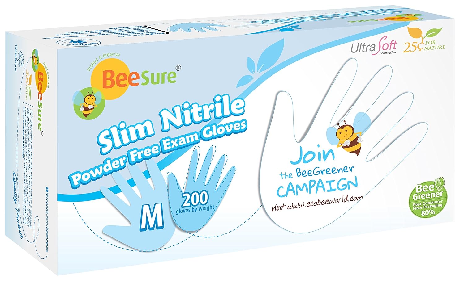 BeeSure Slim Nitrile Exam Gloves: Ultra-Thin Micro-Textured Fingertips - Medium, 200/Box