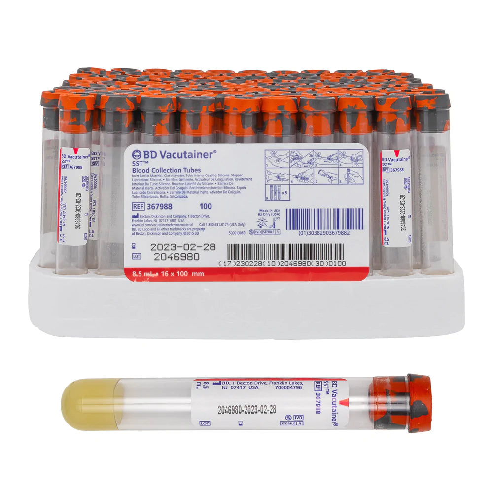 BD Vacutainer 367988 SST Blood Collection Tubes - 16x100 mm, 8.5 mL, Color Coded - 100 tubes