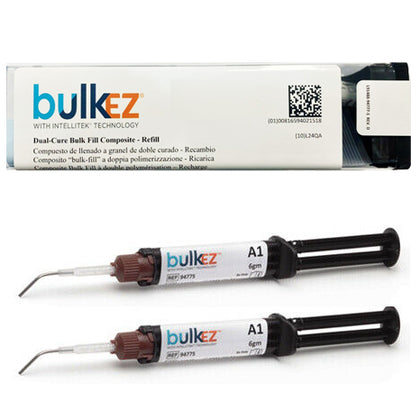 Two 6 gram syringes with tips for dental composite, branded Bulk EZ with IntelliTek technology, in packaging.