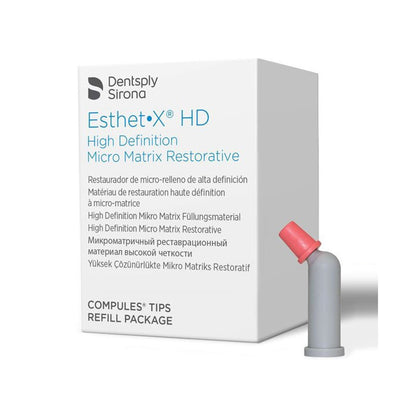 Dentsply Sirona Esthet-X HD dental product packaging with a refill package on a white background