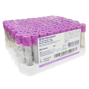 Packaging of BD Vacutainer collection tubes with purple caps on a white background