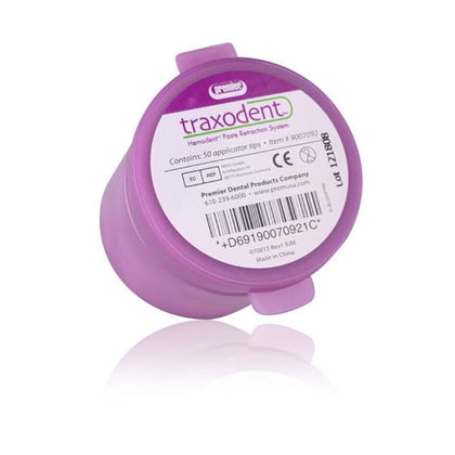Purple container with 'traxodent' branding on a white background