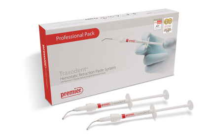 Traxodent hemostatic retraction paste system packaging with syringes on a white background