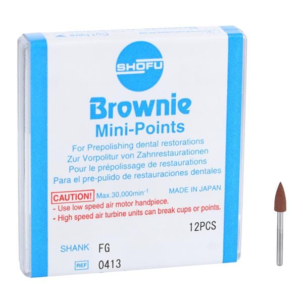 Shofu Brownie Mini-Points dental polishing kit packaging with a single point visible.