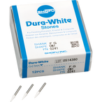 Box of Shofu Dura-White Stones with two stones in front on a white background