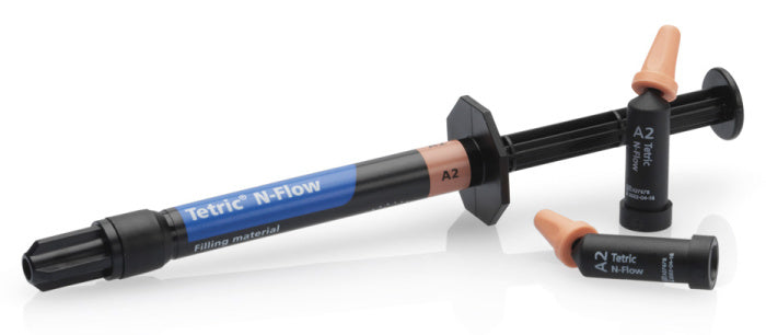 Tetric N-Flow dental filling material with two components on a white background