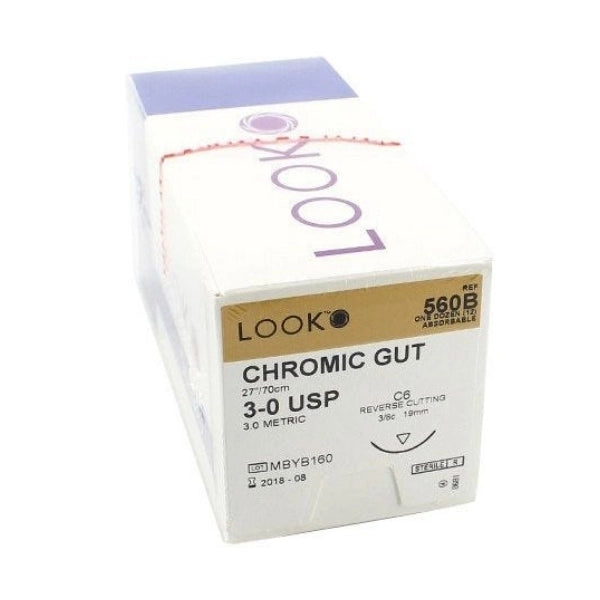 Look 3/0 Chromic Gut Absorbable Suture with Reverse-Cutting C-6 Needle (Size 27)
